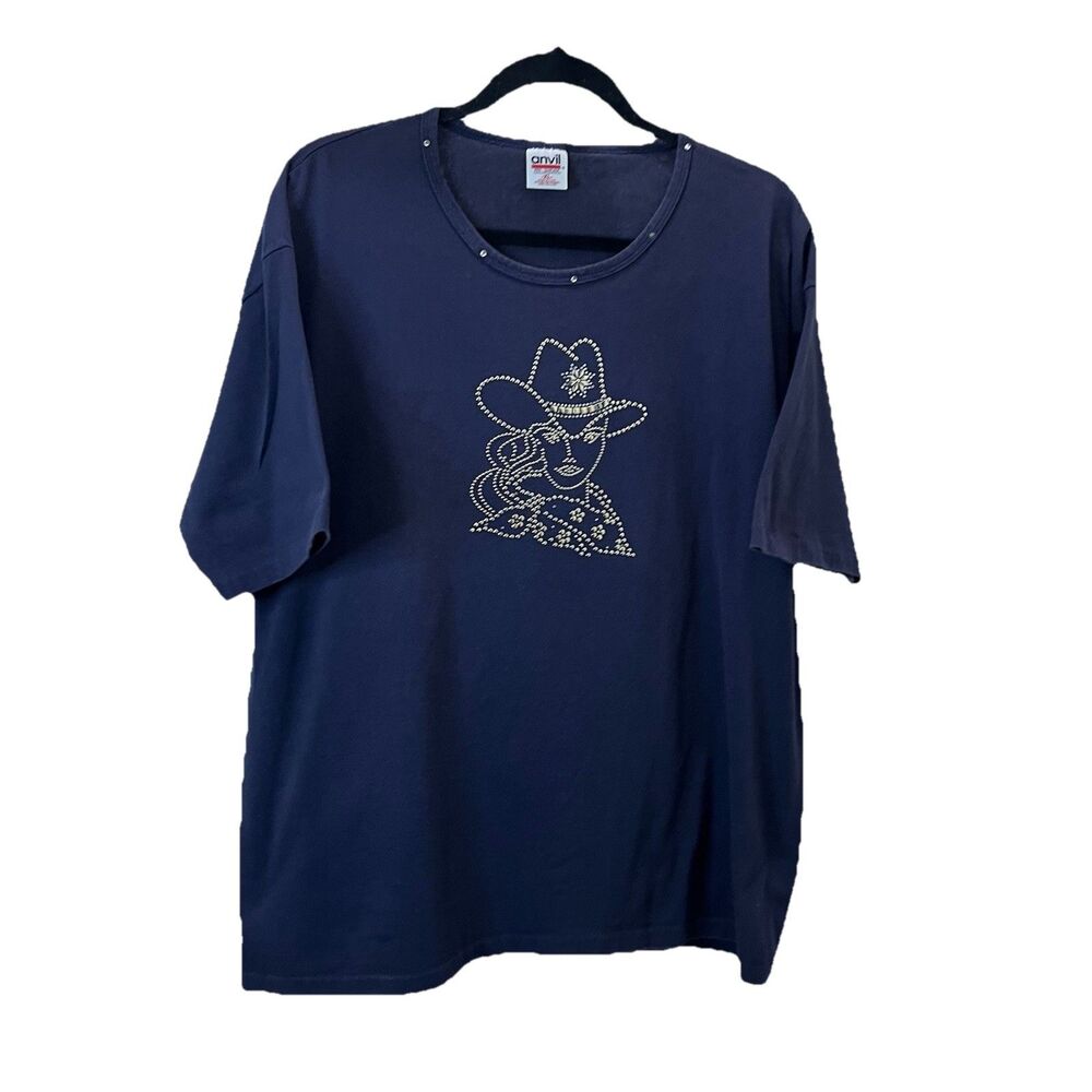 Anvil Navy Blue Cowgirl Rhinestone Embellished Short Sleeve Top Womens Size XL